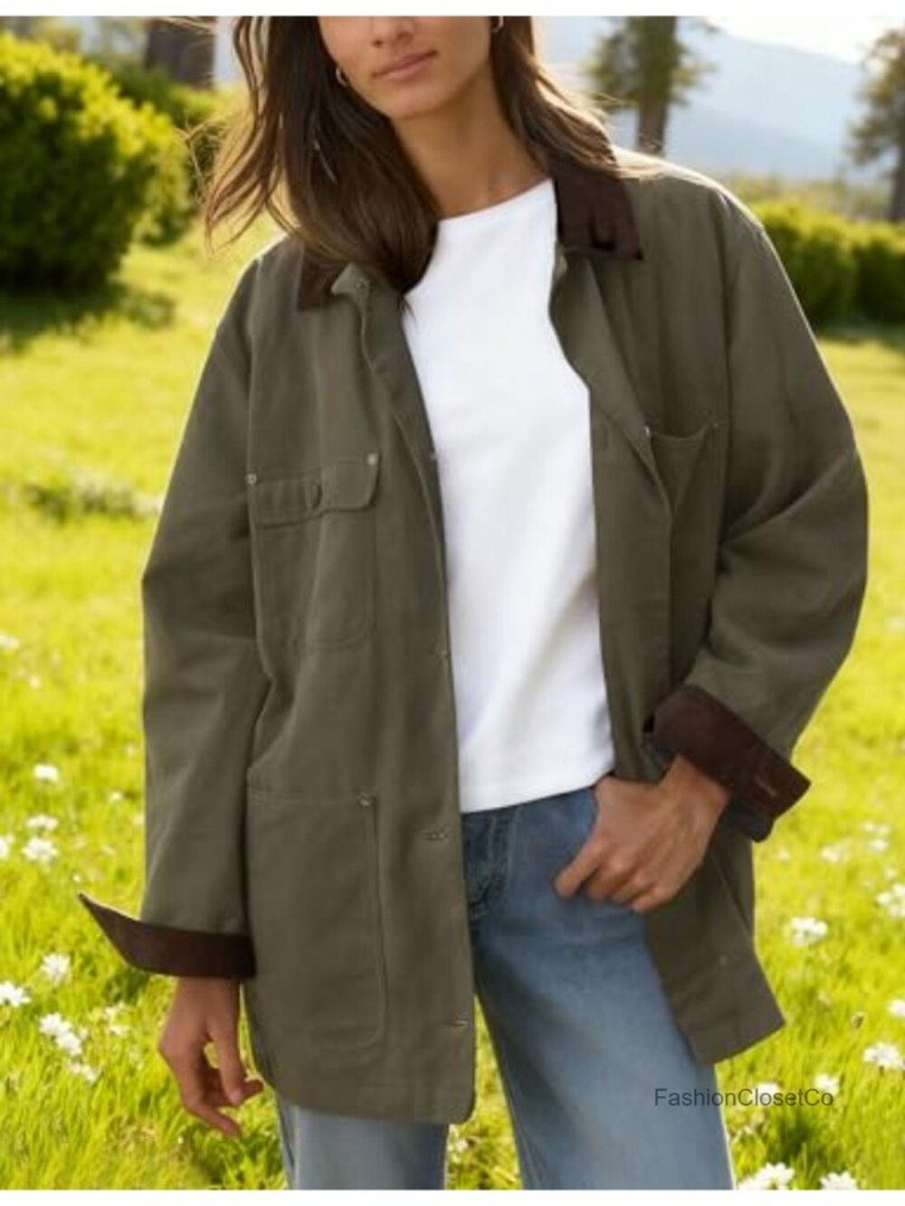 Oversized Vintage Corduroy Collar Utility Barn Jacket Women's Cotton Coat - Picture 3 of 6
